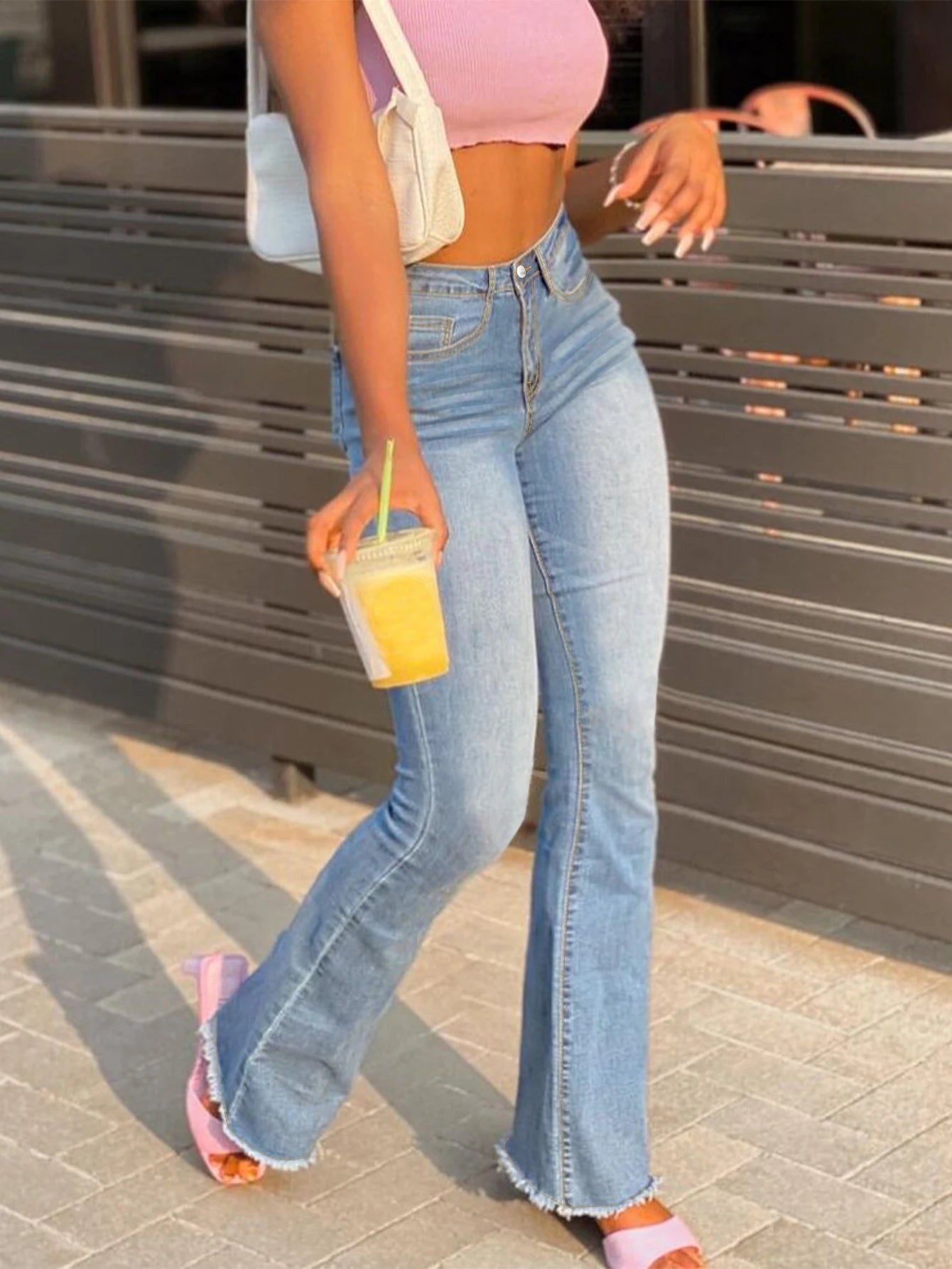 Mid Rise Light Blue Wash Bootcut Jeans with Breathable Rhinestone Rivets Studded Embroidery Manufactured in Guangzhou