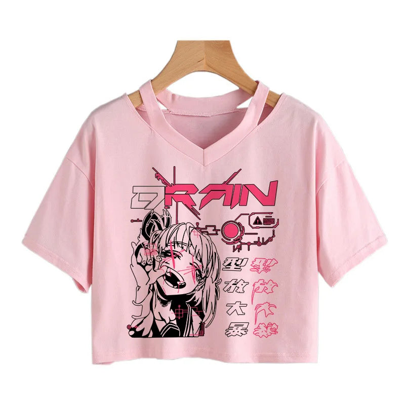 Gothic Streetwear Crop Tops Women T-shirt Ulzzang Harajuku Vintage V-Neck Tee Punk Casual Sexy tshirt Female Loose y2k style top