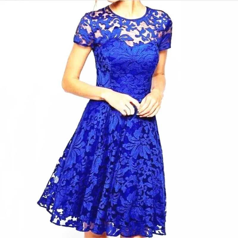 Sexy Women Floral Lace Dress Round Neck Short Sleeve Vintage Lace A-line Dress Patchwork Slim Pleated Swing Cocktail Party Dress