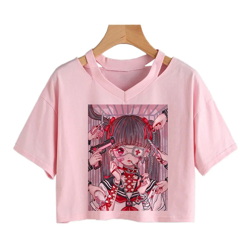 Gothic Streetwear Crop Tops Women T-shirt Ulzzang Harajuku Vintage V-Neck Tee Punk Casual Sexy tshirt Female Loose y2k style top