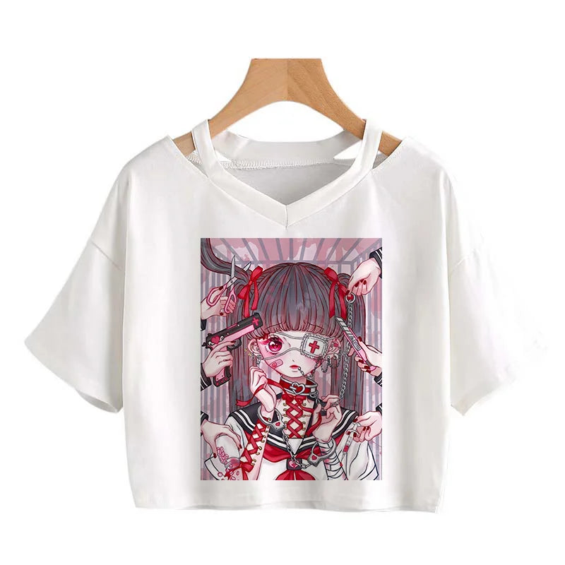 Gothic Streetwear Crop Tops Women T-shirt Ulzzang Harajuku Vintage V-Neck Tee Punk Casual Sexy tshirt Female Loose y2k style top