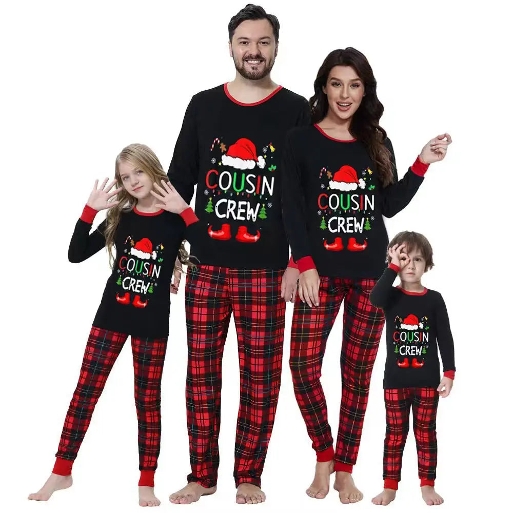 2024 New Pajama Cotton Letter Long Sleeve Green Grid Printed Christmas Pajama Family Home Furnishing Set