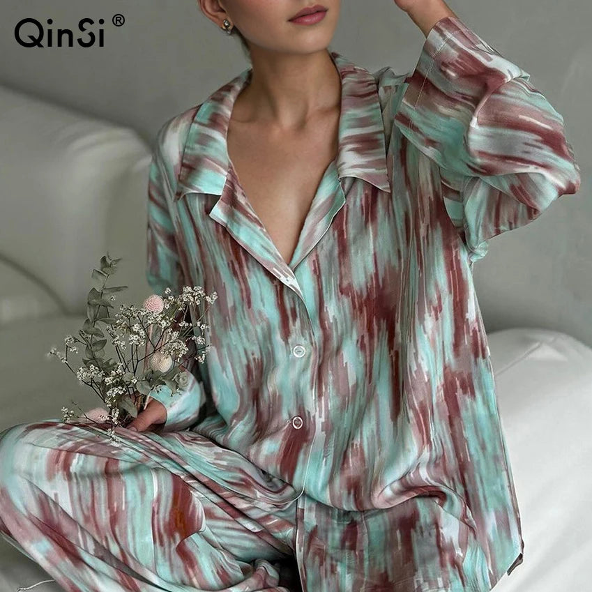 QINSI Autumn Simple Print Women Pyjama Set Turn Down Long Sleeves Shirt Pants Two Piece Pajama Set Casual Women Pajama Suit