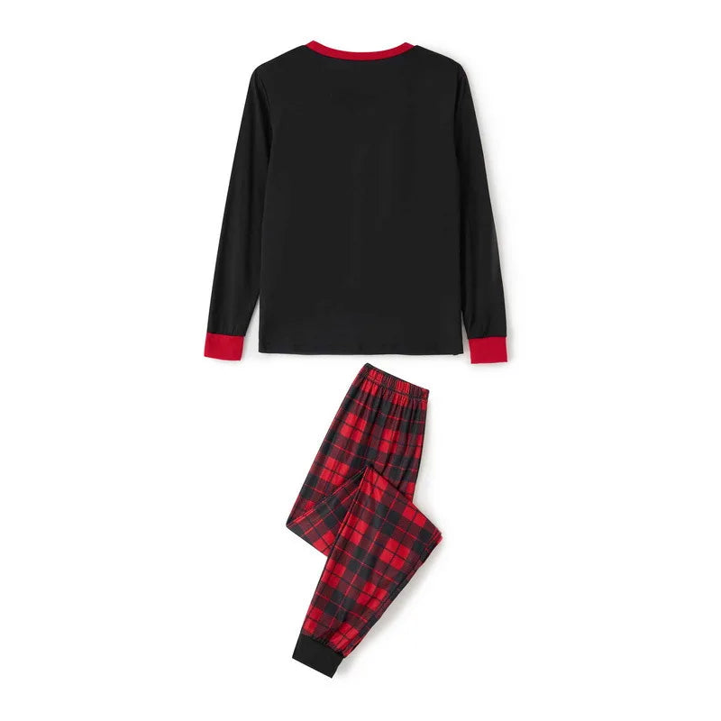 2024 New Pajama Cotton Letter Long Sleeve Green Grid Printed Christmas Pajama Family Home Furnishing Set