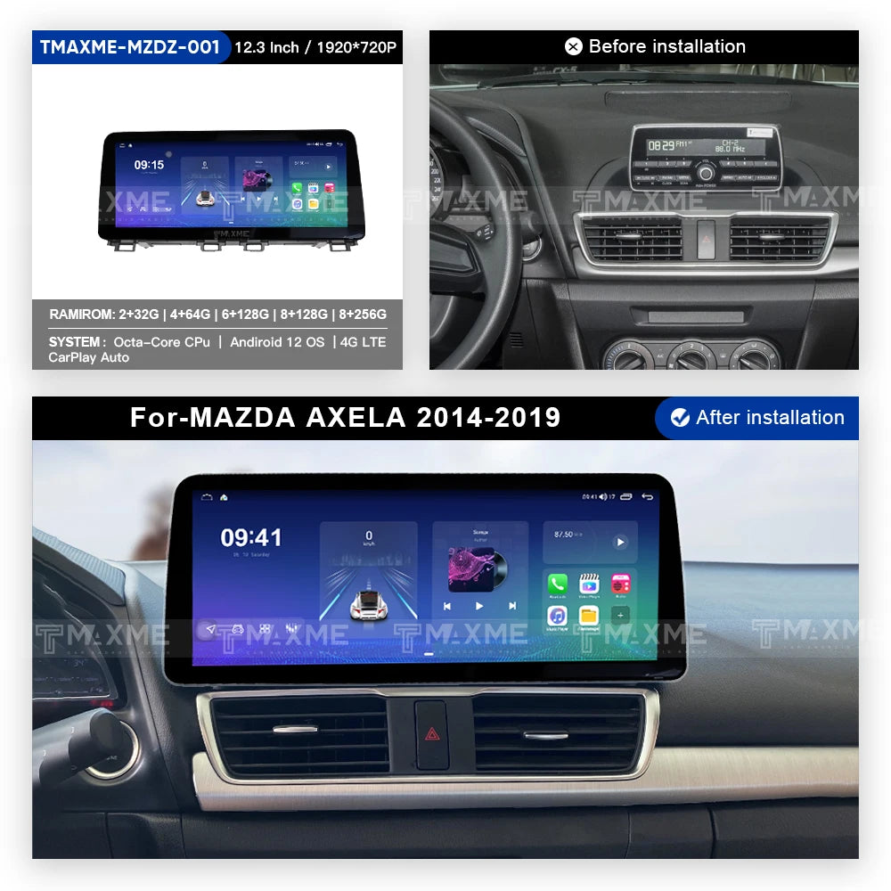 12.3 Inch 7862 9863 Android 12 QLED Carplay Screen for MAZDA AXELA 2014-2019 Stereo Multimedia 8+256G Auto Stereo Video Player
