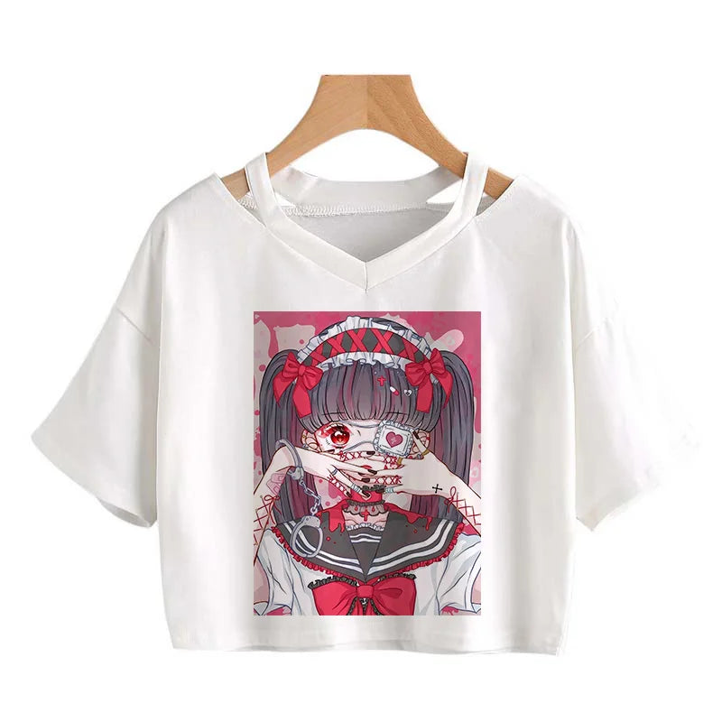 Gothic Streetwear Crop Tops Women T-shirt Ulzzang Harajuku Vintage V-Neck Tee Punk Casual Sexy tshirt Female Loose y2k style top