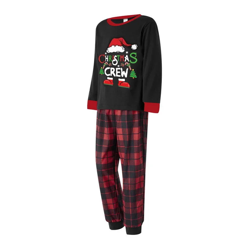 2024 New Pajama Cotton Letter Long Sleeve Green Grid Printed Christmas Pajama Family Home Furnishing Set