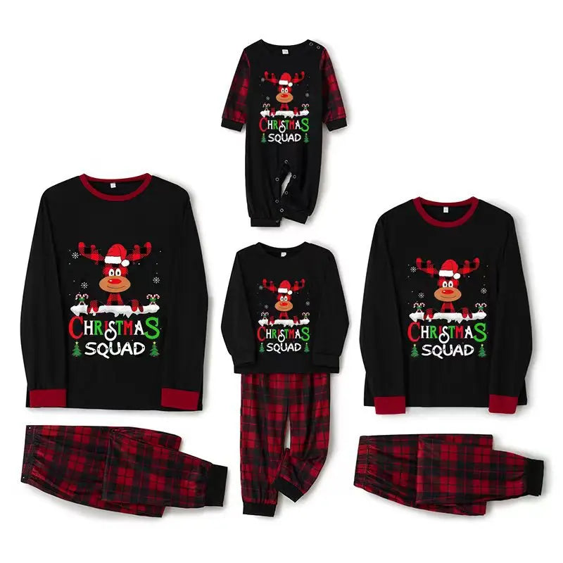 2024 New Pajama Cotton Letter Long Sleeve Green Grid Printed Christmas Pajama Family Home Furnishing Set