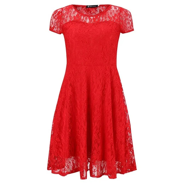 Sexy Women Floral Lace Dress Round Neck Short Sleeve Vintage Lace A-line Dress Patchwork Slim Pleated Swing Cocktail Party Dress