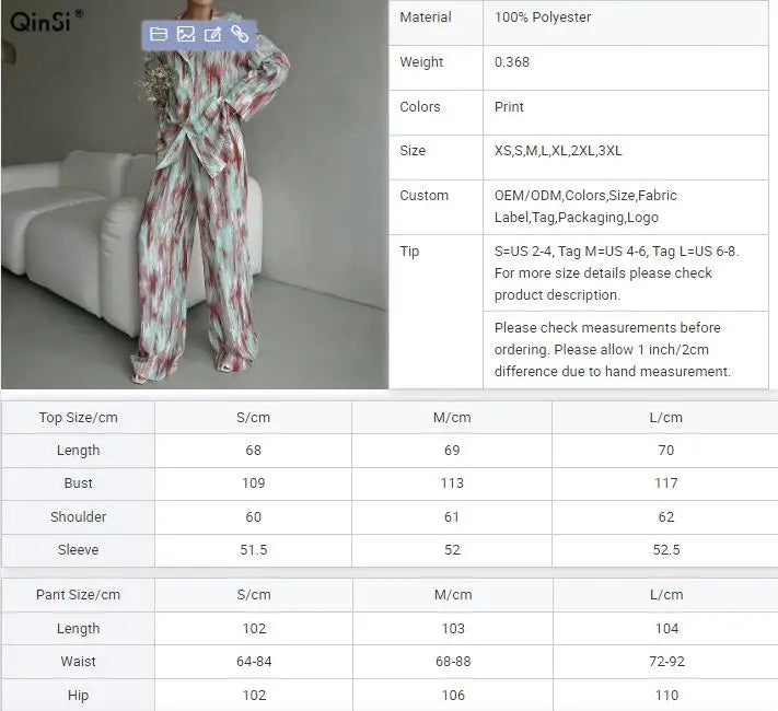 QINSI Autumn Simple Print Women Pyjama Set Turn Down Long Sleeves Shirt Pants Two Piece Pajama Set Casual Women Pajama Suit
