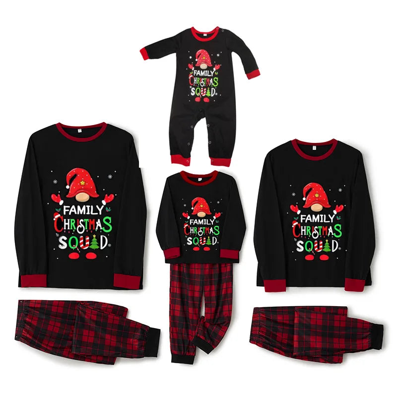 2024 New Pajama Cotton Letter Long Sleeve Green Grid Printed Christmas Pajama Family Home Furnishing Set