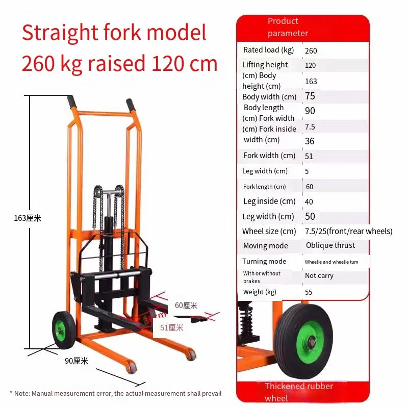 1.2m Micro Forklift Trolley 260kg Dynamic Stacker Car Hydraulic Pallet Driver Manual Wheelbarrow for Small Household Platform