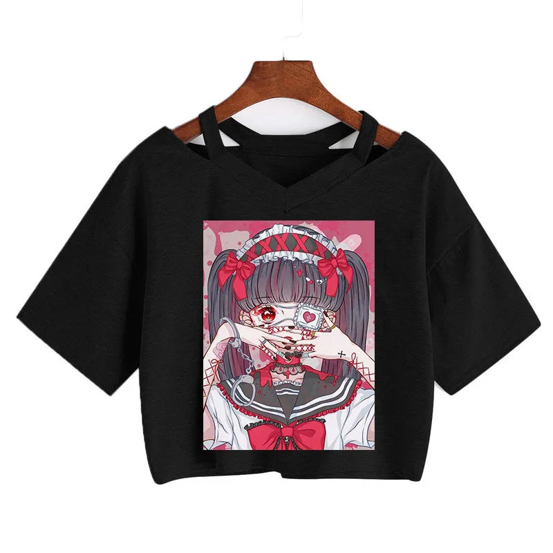 Gothic Streetwear Crop Tops Women T-shirt Ulzzang Harajuku Vintage V-Neck Tee Punk Casual Sexy tshirt Female Loose y2k style top