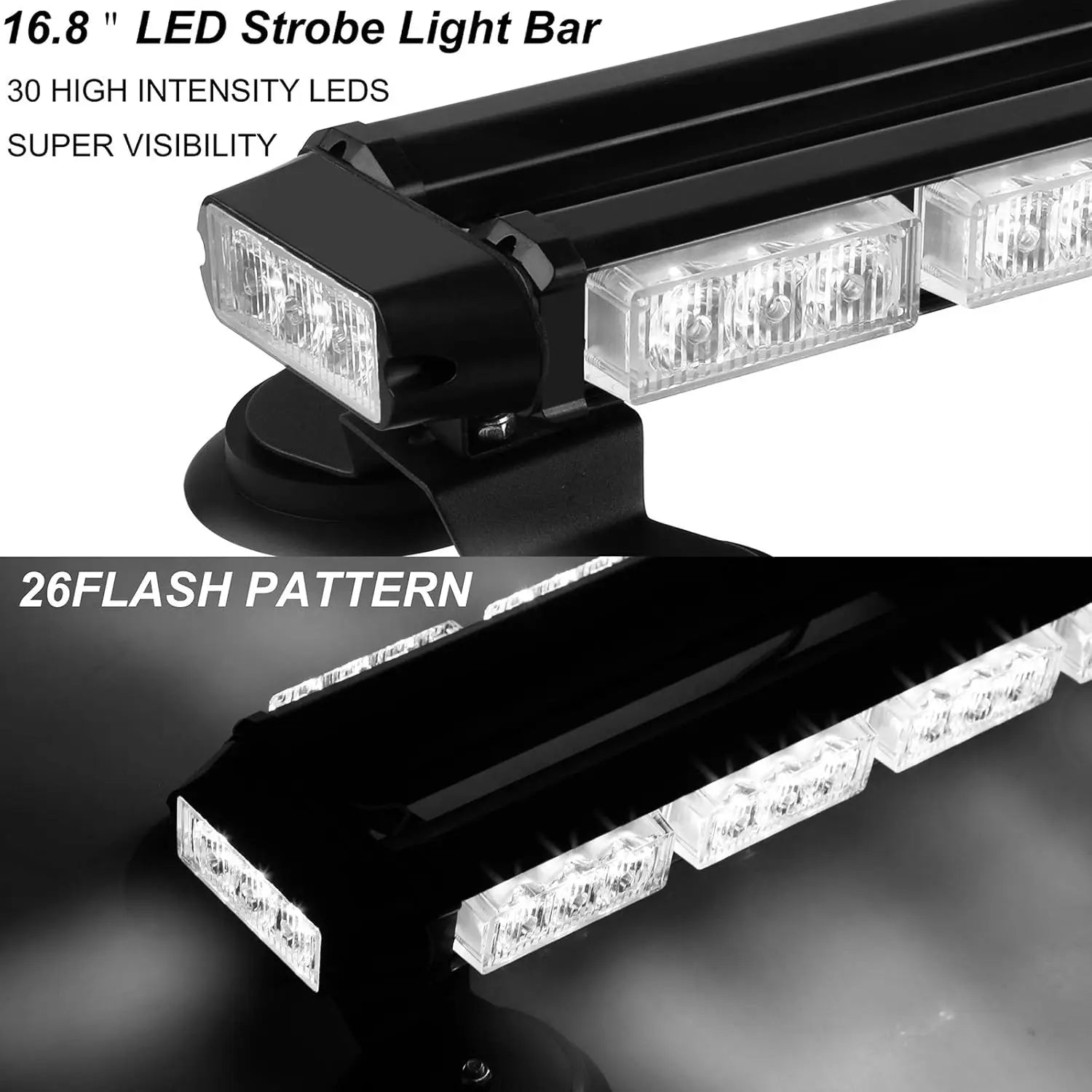 16.8 Inch LED Light Bar High Intensity Emergency Hazard Warning Beacon Lights 26 Flashing Modes Magnetic Base for Car