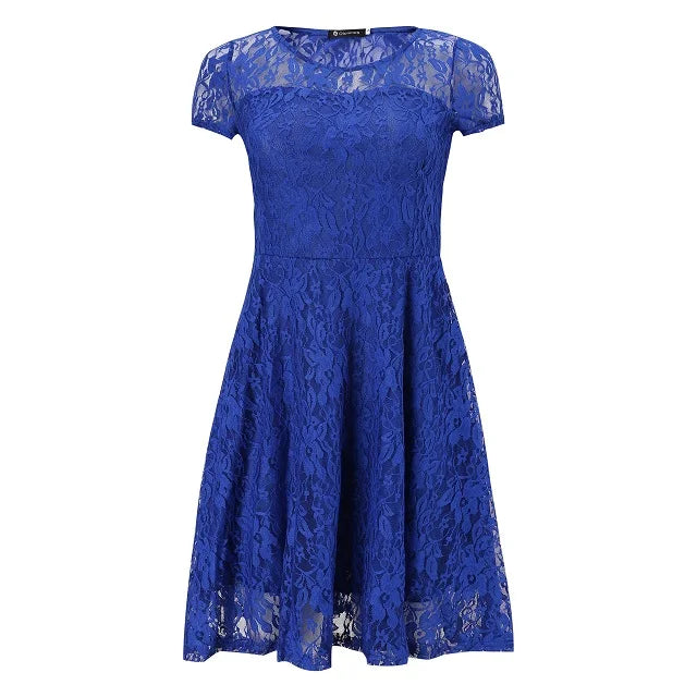 Sexy Women Floral Lace Dress Round Neck Short Sleeve Vintage Lace A-line Dress Patchwork Slim Pleated Swing Cocktail Party Dress