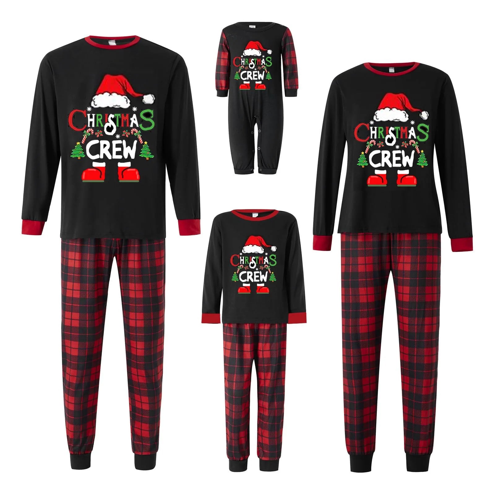 2024 New Pajama Cotton Letter Long Sleeve Green Grid Printed Christmas Pajama Family Home Furnishing Set