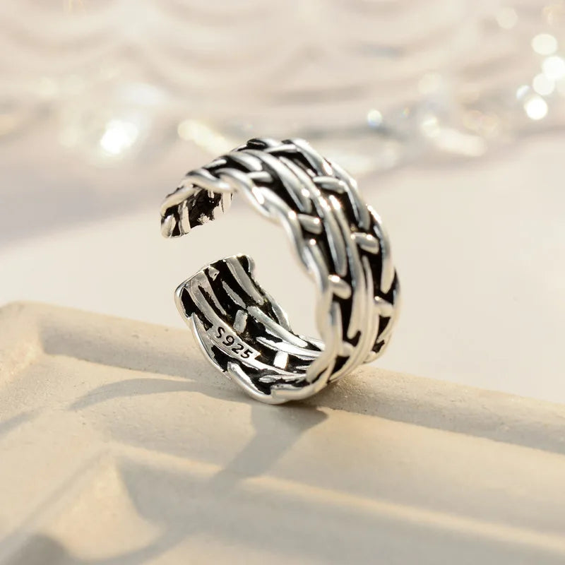 925 Sterling Silver Opening Ring Women Woven Retro Ring Personalized Versatile Ring 2022 New Trend Girl Favorite