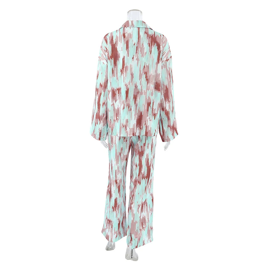 QINSI Autumn Simple Print Women Pyjama Set Turn Down Long Sleeves Shirt Pants Two Piece Pajama Set Casual Women Pajama Suit