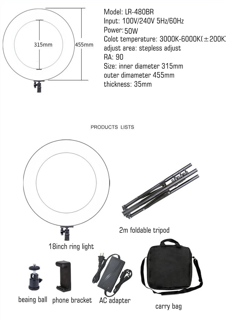 18-Inch Battery Compartment Dimmable Ring Light 45cm 3 Color for Selfie & Live Streaming Photographic Lighting