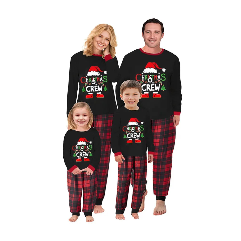2024 New Pajama Cotton Letter Long Sleeve Green Grid Printed Christmas Pajama Family Home Furnishing Set