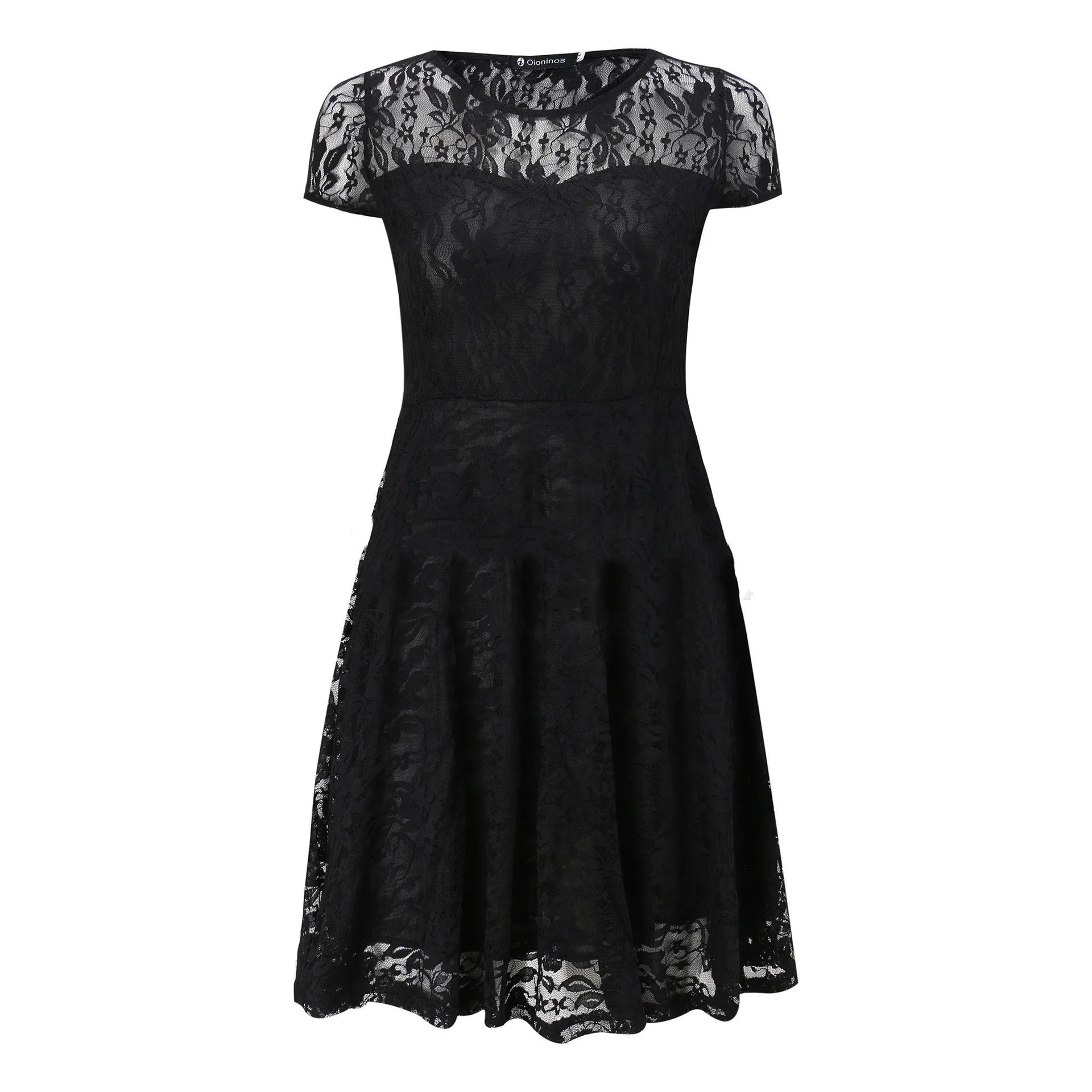 Sexy Women Floral Lace Dress Round Neck Short Sleeve Vintage Lace A-line Dress Patchwork Slim Pleated Swing Cocktail Party Dress