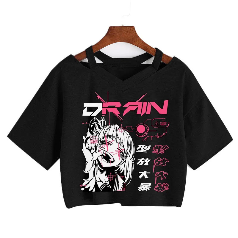 Gothic Streetwear Crop Tops Women T-shirt Ulzzang Harajuku Vintage V-Neck Tee Punk Casual Sexy tshirt Female Loose y2k style top