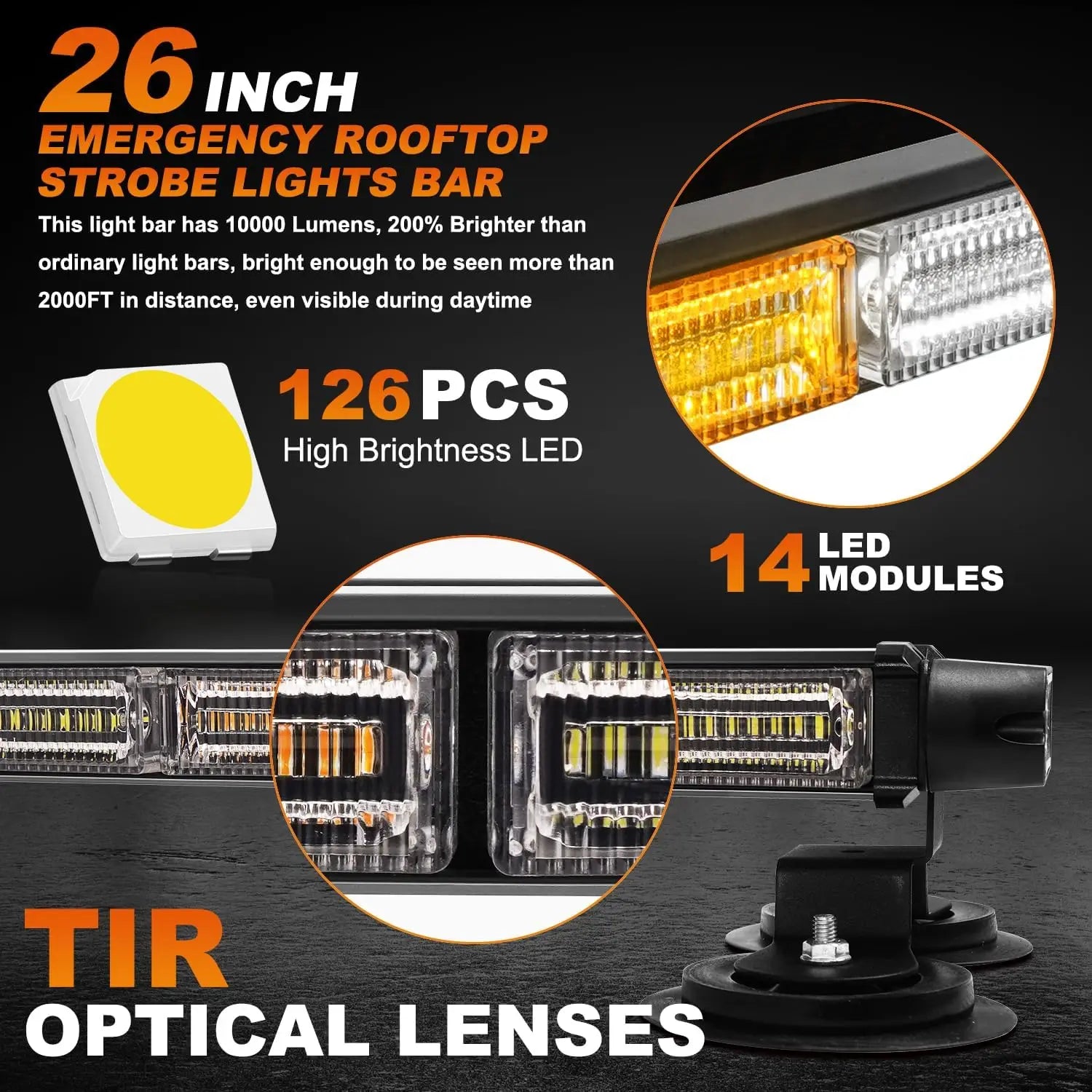 26inch 126 LED Emergency Rooftop Strobe Lights Bar Double Side Warning Hazard Snow Plow Flashing Light Traffic Light
