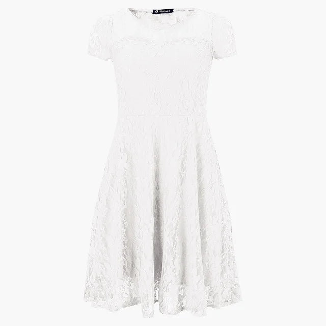 Sexy Women Floral Lace Dress Round Neck Short Sleeve Vintage Lace A-line Dress Patchwork Slim Pleated Swing Cocktail Party Dress