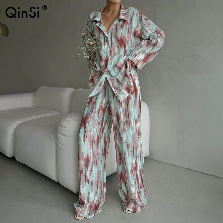 QINSI Autumn Simple Print Women Pyjama Set Turn Down Long Sleeves Shirt Pants Two Piece Pajama Set Casual Women Pajama Suit