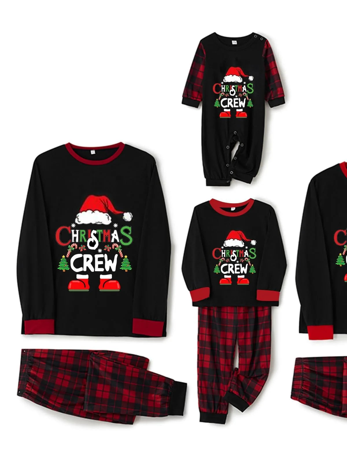 2024 New Pajama Cotton Letter Long Sleeve Green Grid Printed Christmas Pajama Family Home Furnishing Set