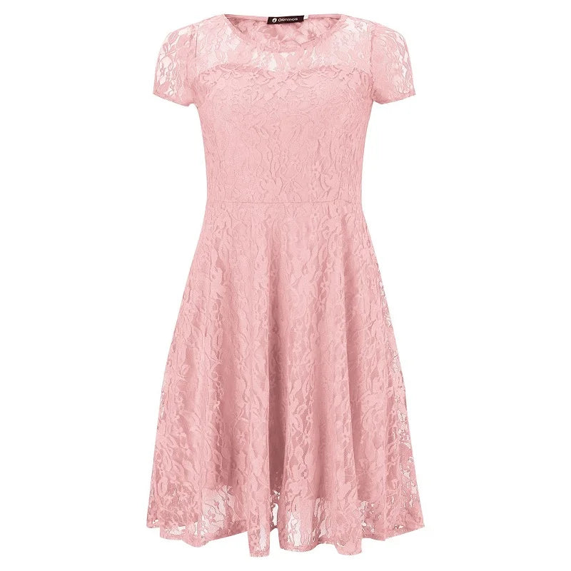 Sexy Women Floral Lace Dress Round Neck Short Sleeve Vintage Lace A-line Dress Patchwork Slim Pleated Swing Cocktail Party Dress