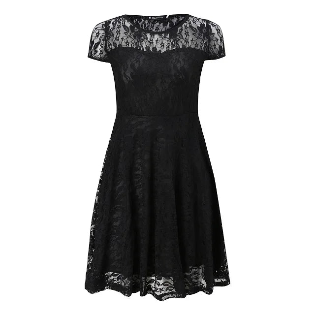 Sexy Women Floral Lace Dress Round Neck Short Sleeve Vintage Lace A-line Dress Patchwork Slim Pleated Swing Cocktail Party Dress