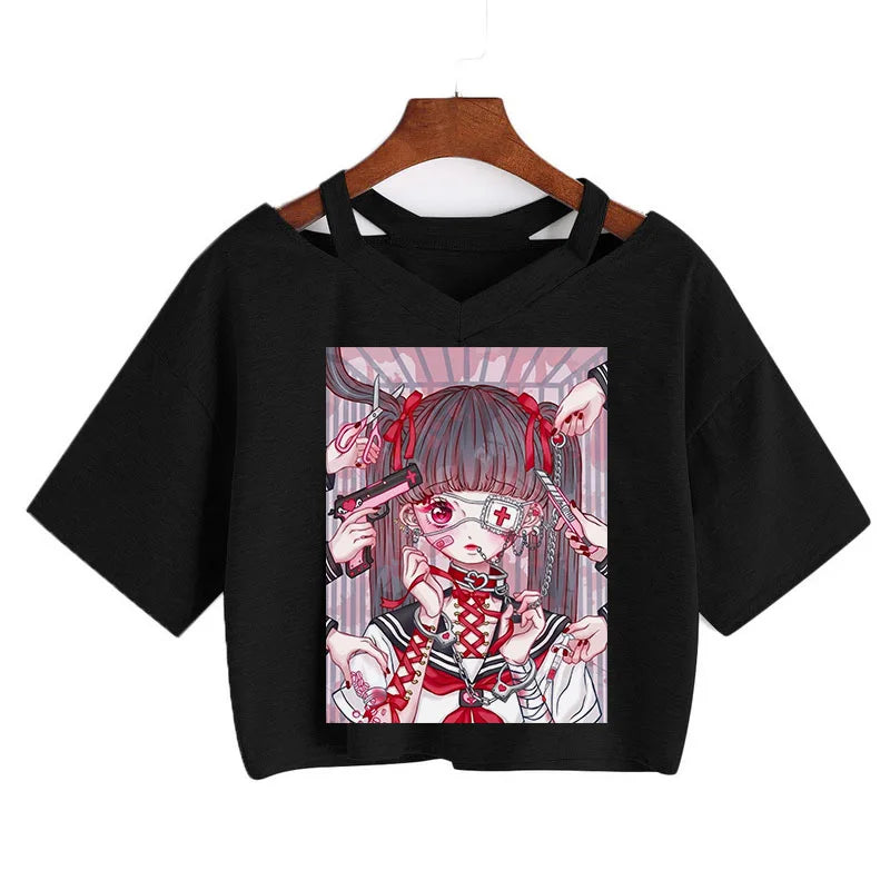 Gothic Streetwear Crop Tops Women T-shirt Ulzzang Harajuku Vintage V-Neck Tee Punk Casual Sexy tshirt Female Loose y2k style top