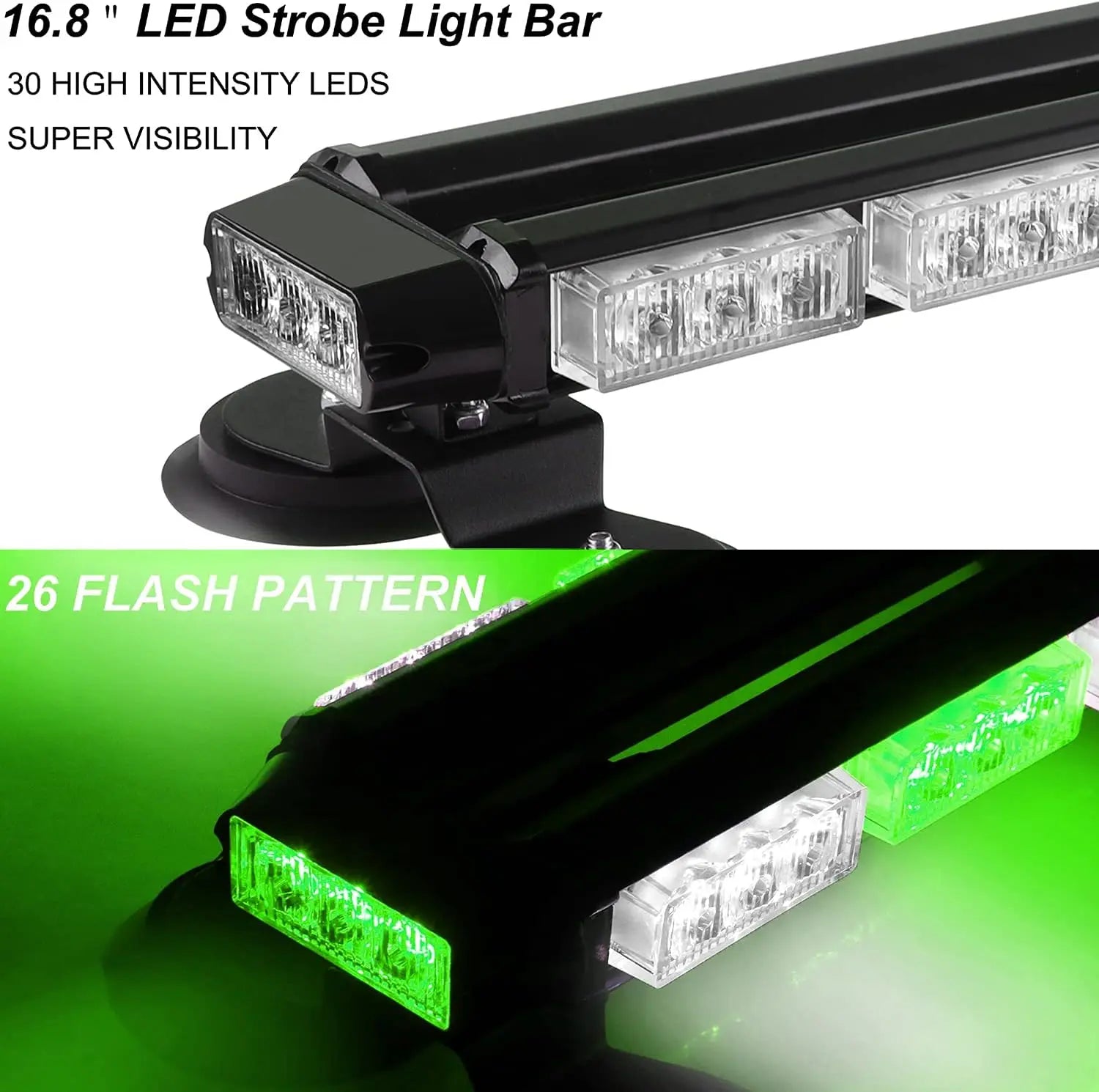 16.8 Inch LED Light Bar High Intensity Emergency Hazard Warning Beacon Lights 26 Flashing Modes Green White
