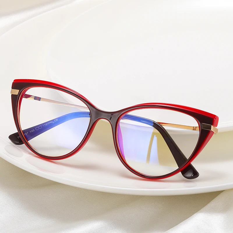 MS 92197 Fashion-Designed Blue Light Blocking Cat Eye Glasses for Women Gold Rim Metal Temple Frames Optical Eyewear Ready Ship