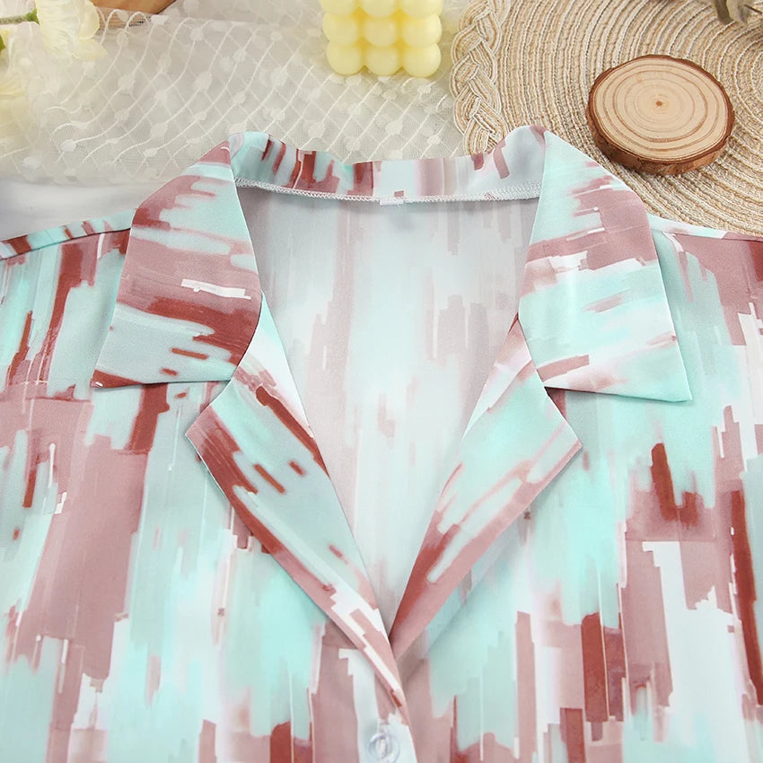 QINSI Autumn Simple Print Women Pyjama Set Turn Down Long Sleeves Shirt Pants Two Piece Pajama Set Casual Women Pajama Suit