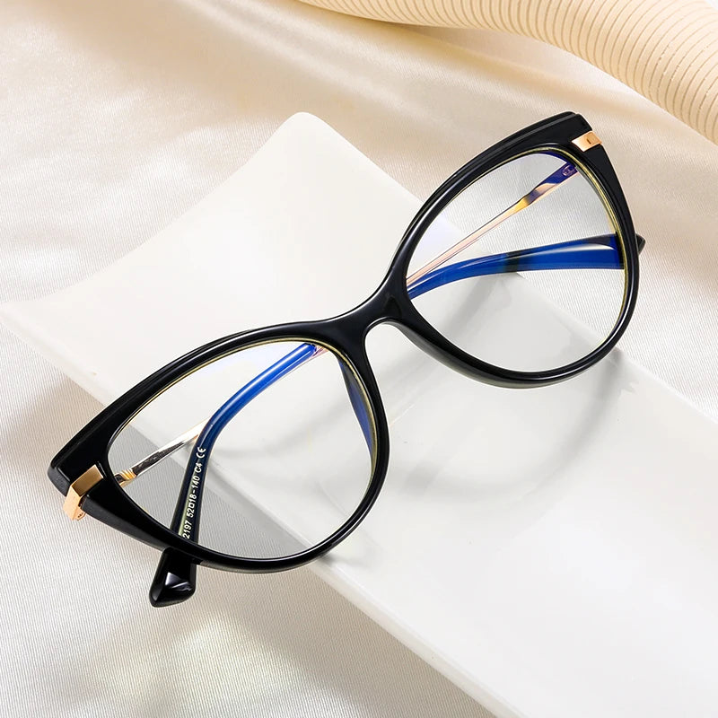 MS 92197 Fashion-Designed Blue Light Blocking Cat Eye Glasses for Women Gold Rim Metal Temple Frames Optical Eyewear Ready Ship