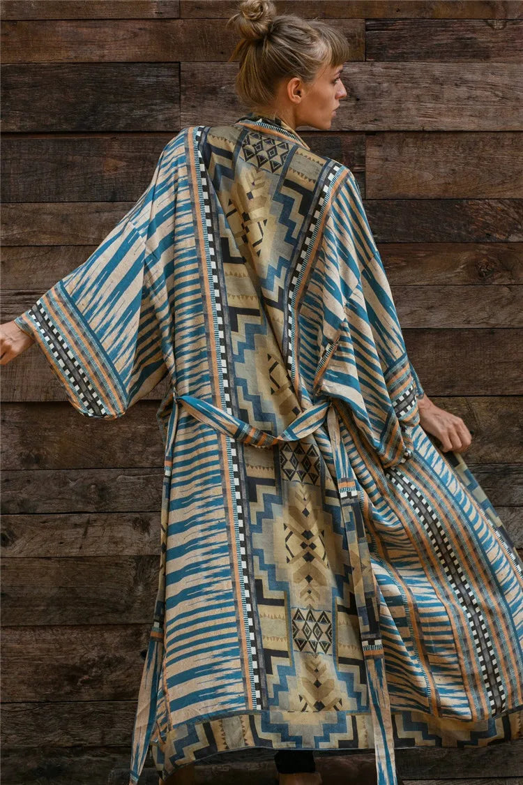 Beach Cover Up Over Sized Kimonos Women's Geometry Print Rayon Kimonos with Belt for Summer