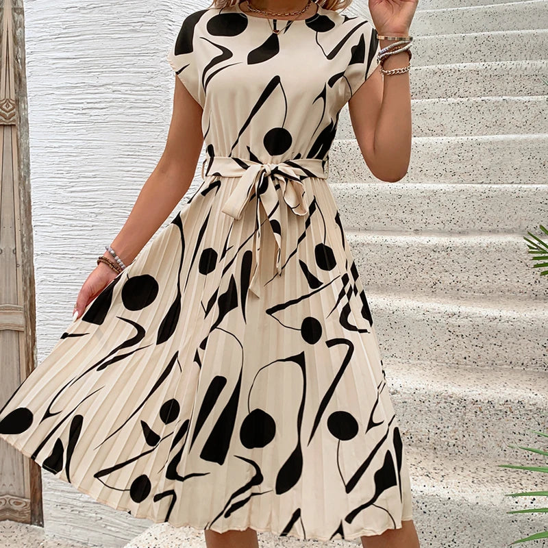 Summer Europe and the United States hot selling new sleeveless temperament commuter dress lace up pleated round neck skirt