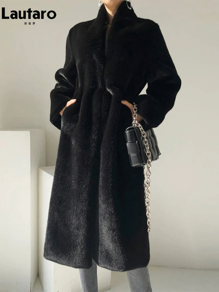 Lautaro Winter Long Black Luxury Elegant Stylish Thick Warm Fluffy Hairy Soft Faux Mink Fur Coat
