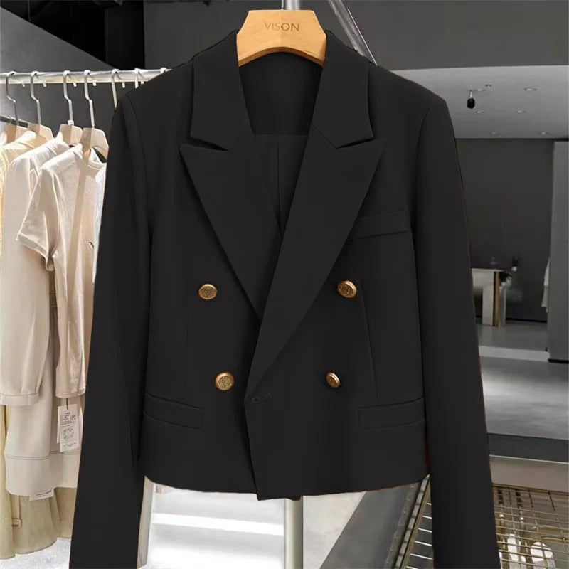 Cropped Blazers Woman Clothing 2025 New All-match Korean Chic Tops Double-breasted Suit Coat Ladies Office Suit Female Outerwear