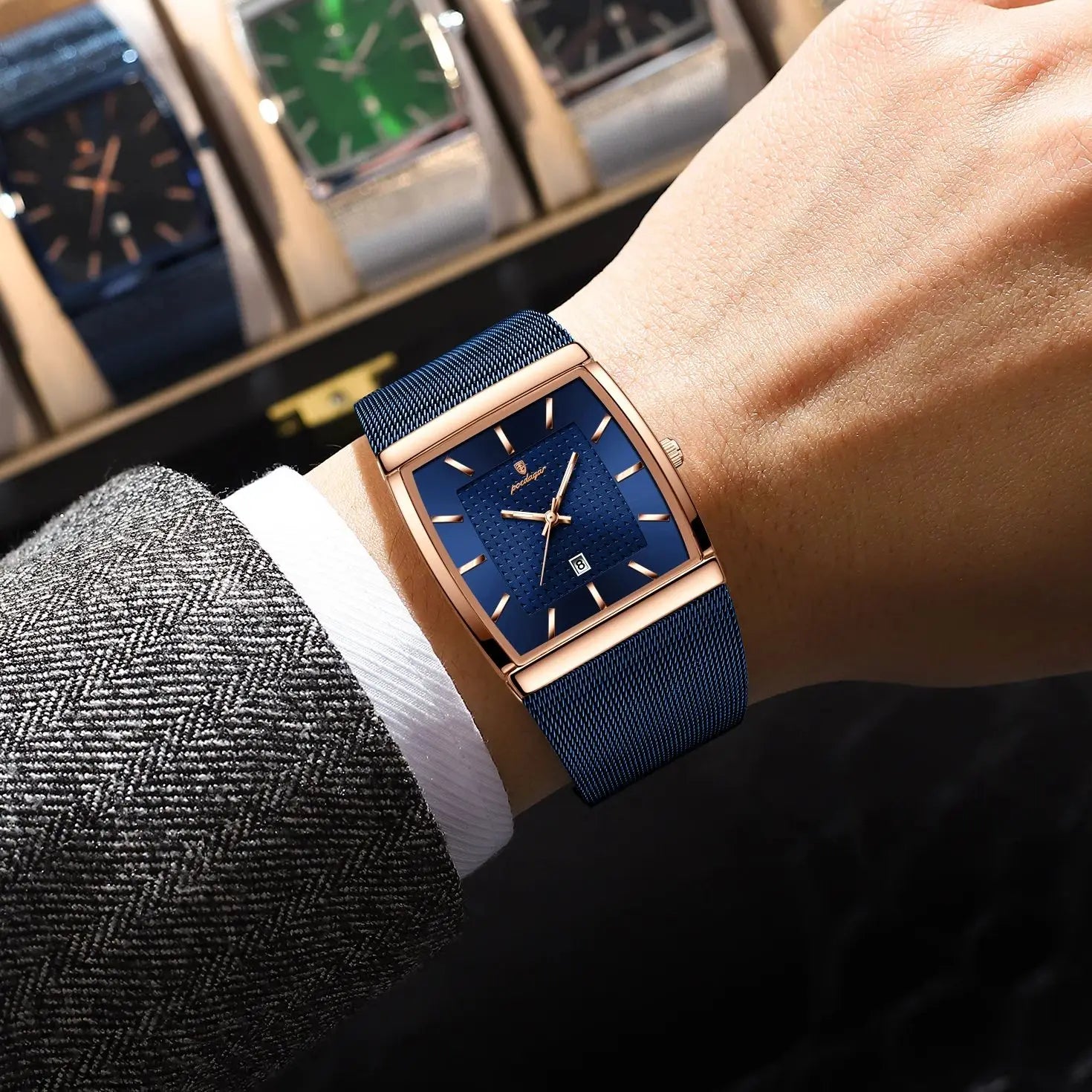 POEDAGAR Top Original Men Watch Waterproof Luminous Date Rectangle Man Wristwatch Mesh Stainless Steel Men's Quartz Watches Male