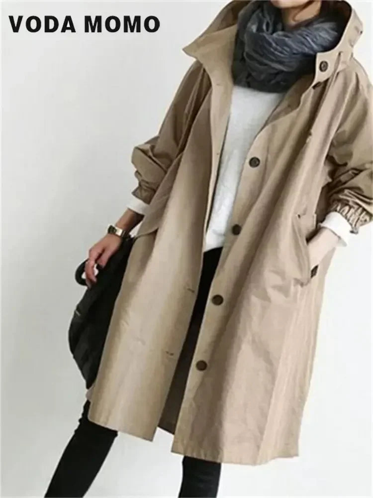 Spring Autumn Casual Korean Fashion Hooded Medium Long Overcoat Loose Windproof Coat Women Trench Coat Solid Color Pocket