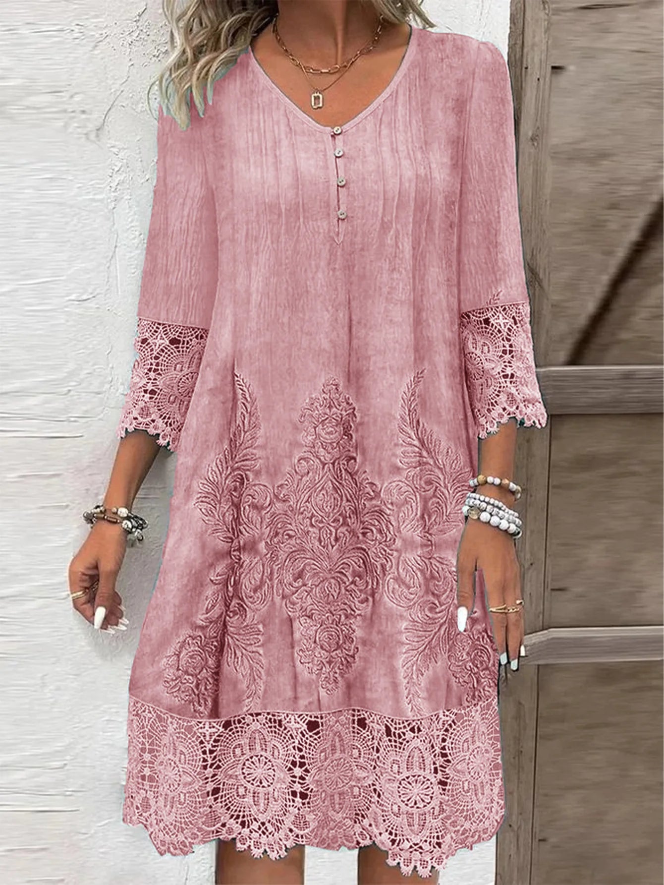 Lace Printed Short Sleeved Button V-neck Women's Dress Elegant Casual Fashionable High Street Spring Dresses