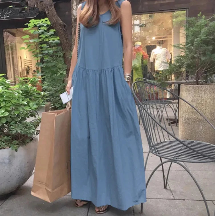 Summer Casual O-neck Sleeveless Loose Solid Long Dress Women Fashion Elegant Office Holiday Beach Party Boho Dresses Robe Femme