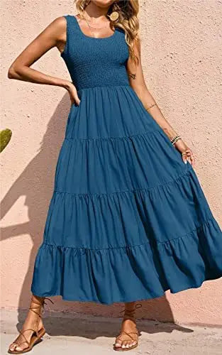 Dresses For Women Summer Sexy Elegant Sleeveless Floral Solid Color Long Dress Fashion Elastic Waist Beach Party Big Swing