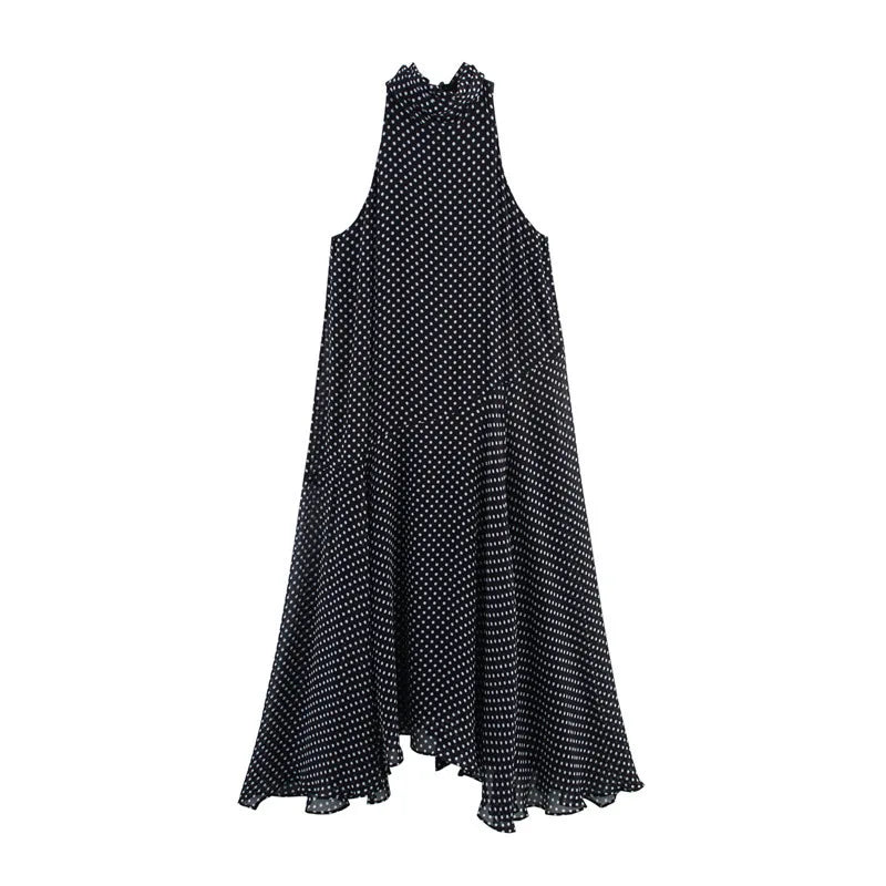 Polka Dot Print Dresses For Women 2025 New Summer Elegant Chic Sleeveless Stand Collar Long Dress Back Bow Lace Up Midi Dresses