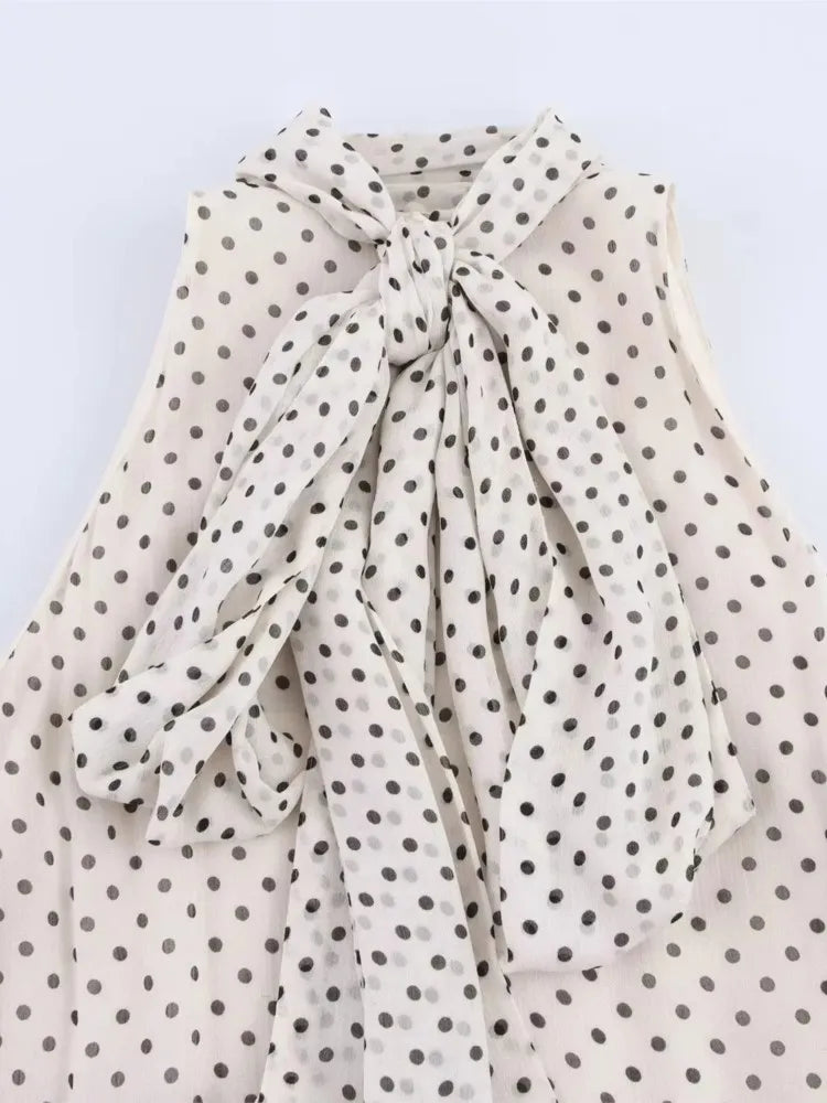 Polka Dot Print Dresses For Women 2025 New Summer Elegant Chic Sleeveless Stand Collar Long Dress Back Bow Lace Up Midi Dresses