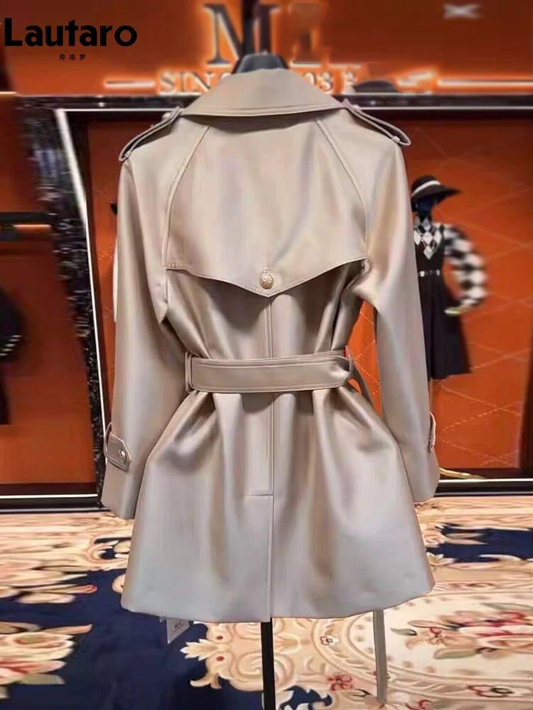 Lautaro Spring Autumn Khaki Satin Trench Coat for Women Belt Double Breasted Elegant High Quality Luxury Designer Clothing