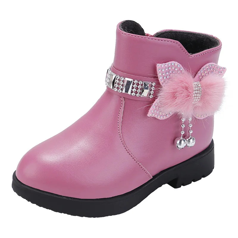Girls Children Princess Shoes with Butterfly Knot Soft Sole High Top Studded Boots Kids Casual PU Leather Boots Pure Color Shoes